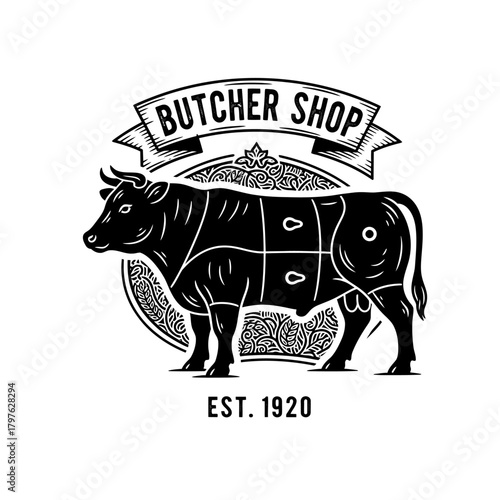 Vintage Butcher Shop Logo with Beef Cuts Diagram.