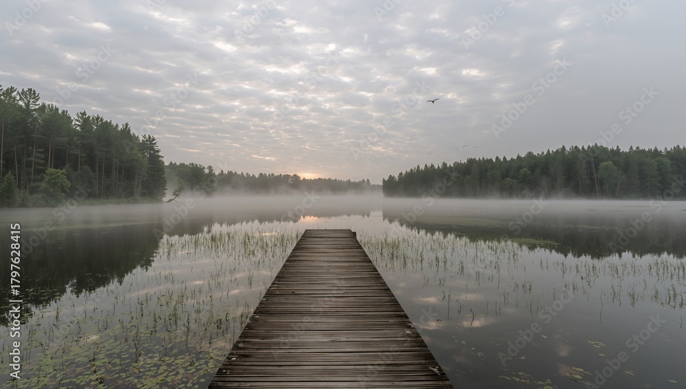 Fototapeta premium Early mist hovering over the lake at dawn