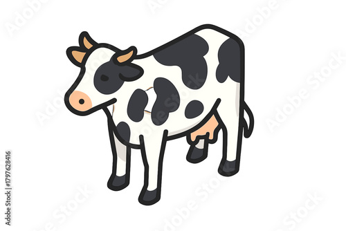 Stylized black and white spotted dairy cow standing isolated on white background