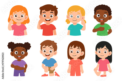 Diverse children pointing out parts of the human body for anatomy lesson