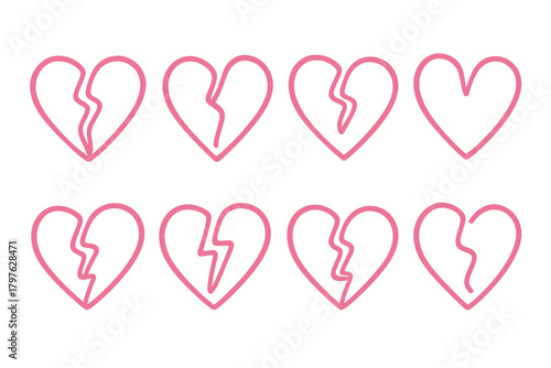Pink line art icons of broken hearts and one whole heart symbolizing love and relationship issues