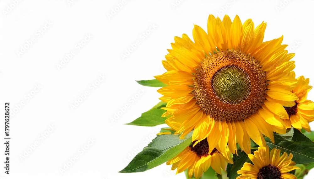 Fototapeta premium bright yellow sunflowers with green leaves bloom isolated on white background
