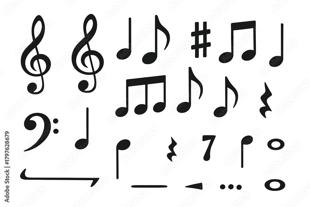 Fototapeta premium Collection of musical symbols including treble clef, bass clef, notes, rests, and sharps
