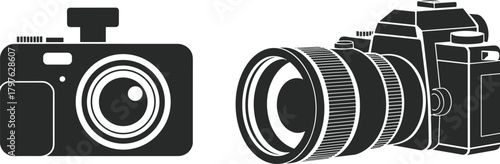 Black Camera Icon Vector Set with Compact and DSLR Styles, Lens, Buttons, Viewfinder for Photography, Technology, and Digital Equipment Design