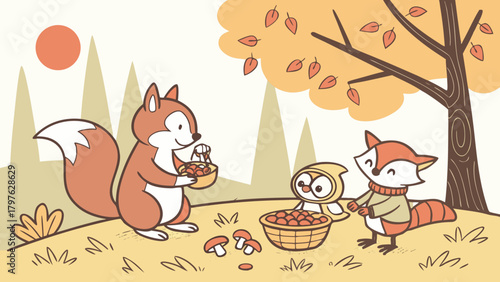 Cute cartoon woodland animals, a squirrel, an owl, and a raccoon, collecting mushrooms in an autumn forest setting.