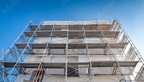 scaffolding on a white building under a clear sky indicating renovation or repair work in progress