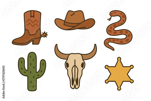 Classic Wild West symbols set: cowboy boot, hat, rattlesnake, desert cactus, steer skull, and sheriff badge