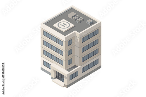 Modern isometric high-rise corporate building with rooftop helipad and large entrance