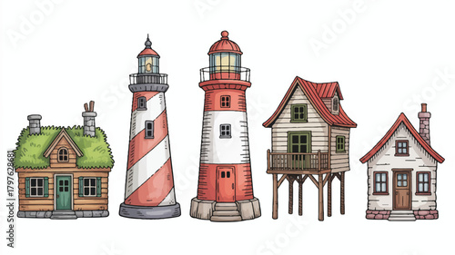 A Collection of Charming Lighthouse and Coastal Cottage Illustrations in a Whimsical Style