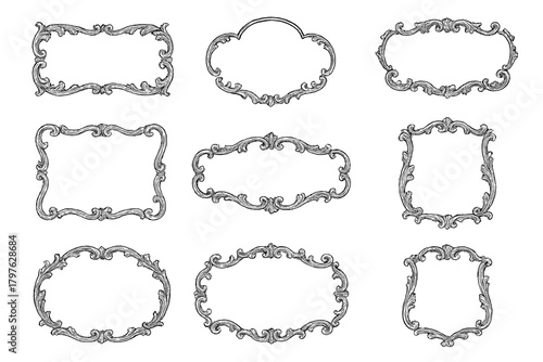 Collection of nine vintage ornate decorative frames and borders set in antique engraving style