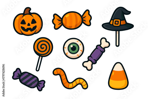 Classic Halloween sweets and spooky objects including candy corn, jack-o'-lantern, and witch hat