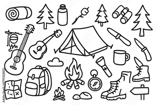 Essential camping and hiking equipment depicted as hand drawn outline doodles