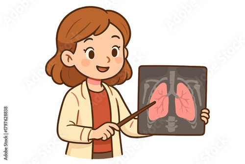 Smiling female doctor pointing at chest -ray showing healthy lungs and rib cage