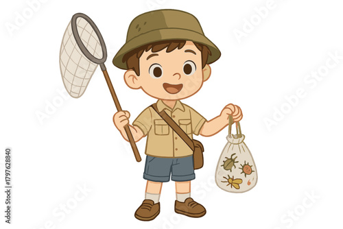 Happy young boy explorer holding a bug catching net and a sack of collected insects