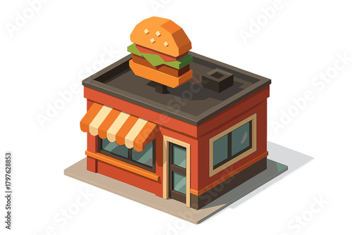 Isometric fast food restaurant building with large hamburger sign on the roof and striped awning