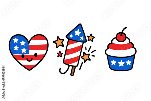 Cute patriotic symbols featuring American flag heart, firework rocket, and festive cupcake for holiday celebration