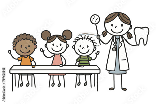 Dentist teaching diverse children about oral hygiene using a large tooth model and dental mirror