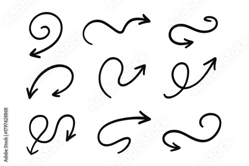 Collection of nine hand-drawn curly wavy arrows pointing in various directions for emphasis