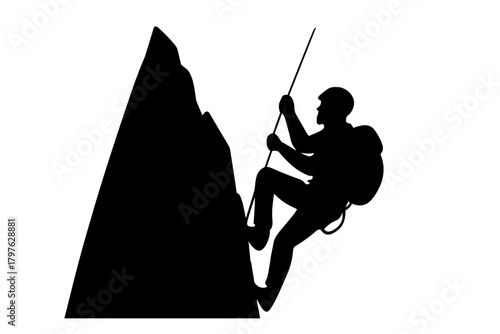 Black and white silhouette of a mountain climber rappelling down a steep rock face