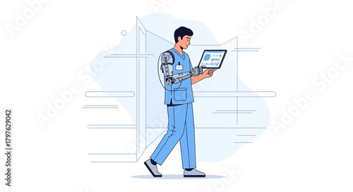 Futuristic healthcare professional using digital tablet with robotic prosthetic arm technology