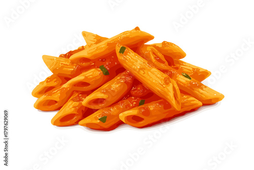 Penne pasta covered in rich red tomato sauce isolated on a clean white background