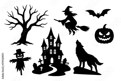 Spooky Halloween icons set featuring haunted house, flying witch, howling wolf, and jack-o'-lantern