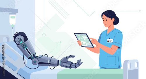 Futuristic healthcare setting featuring robotic limb patient and medical professional interaction