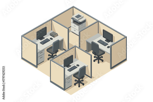 Modern isometric layout with three workstations and central multifunction printer