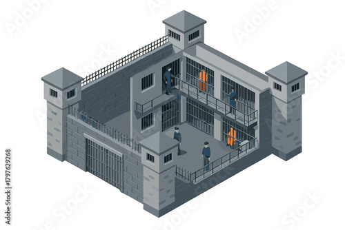 Isometric cross-section view of a high-security prison facility showing cell blocks, guards, and incarcerated people