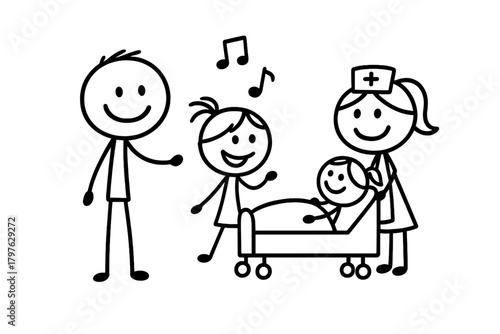 Smiling stick figures celebrating recovery or birth in hospital room with medical staff