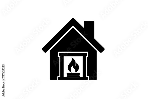 Silhouette of a house with a chimney and burning fireplace symbolizing home heating