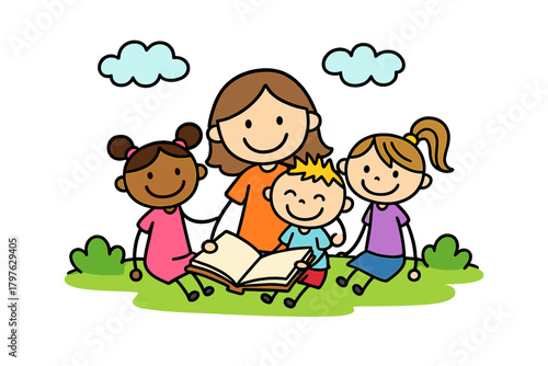 Adult reading a storybook to diverse children sitting on grass outdoors