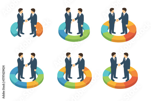 Business partnership agreement concept with men shaking hands over colorful segmented data rings