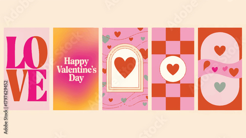 Chic Valentine's Day graphic templates collection featuring modern hearts and playful patterns, perfect for digital love celebrations and romantic messages