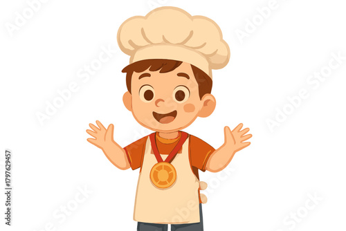 Cheerful young child dressed as a professional chef wearing an apron and a gold medal