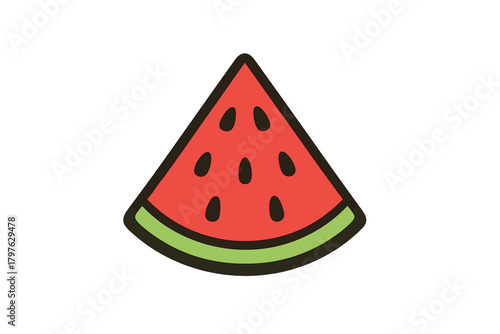 Stylized triangular piece of ripe watermelon fruit with red flesh and dark seeds on a clean white background