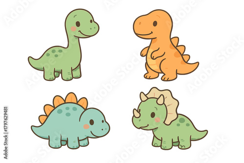 Collection of four adorable cartoon baby dinosaurs including T-Rex, Stegosaurus, and Triceratops