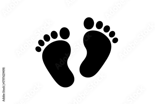 Minimalist black silhouette icon showing two human footprints or baby steps