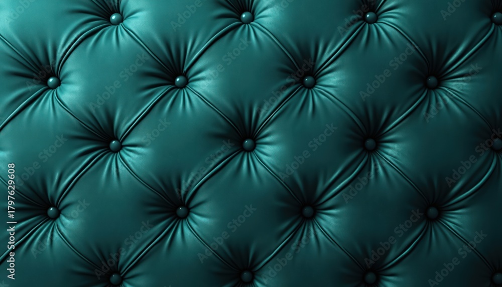Obraz premium Deep teal tufted leather or velvet texture. Diamond pattern design with buttons. Luxurious surface, deep jewel tone background. Ideal backdrop for various creative projects. High quality textile.