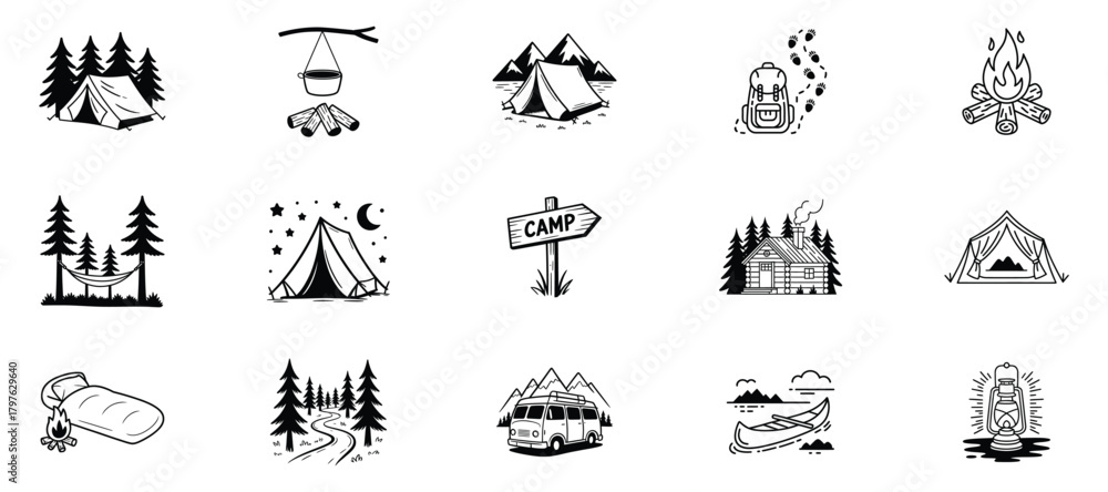 Naklejka premium Camping adventure icons, travel and exploration nature journey elements