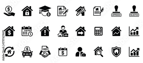 Real estate, mortgage, home loan, property management and finance icon set