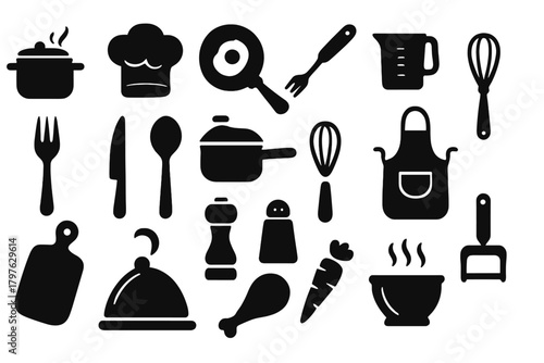 Black silhouette icons of cooking tools, kitchenware, pots, pans, and cutlery