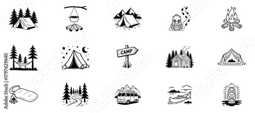 Camping adventure icons, travel and exploration nature journey elements