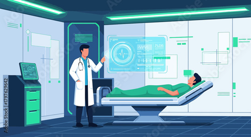 Futuristic medical examination with doctor interacting with holographic patient data display