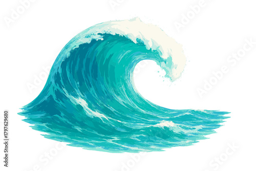 Powerful ocean wave cresting with turquoise and teal water isolated on white