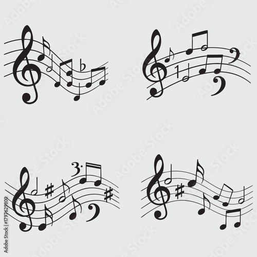 Music notes wave set, group musical notes abstract background.