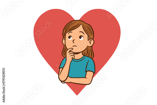 Young woman thinking deeply about love and relationships standing in front of a large red heart symbol