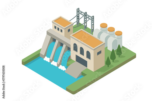 Modern hydroelectric power station complex with concrete dam and energy generation buildings