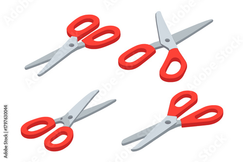 Four isometric views of red handled scissors in open and closed positions