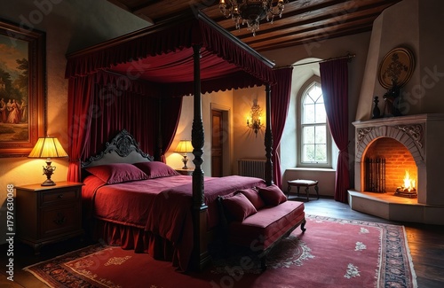 Luxury old style bedroom interior with big red canopy bed, ornate headboard. Room features burning fireplace, classic arched window. Wooden ceiling beams, chandelier, vintage furniture create royal,